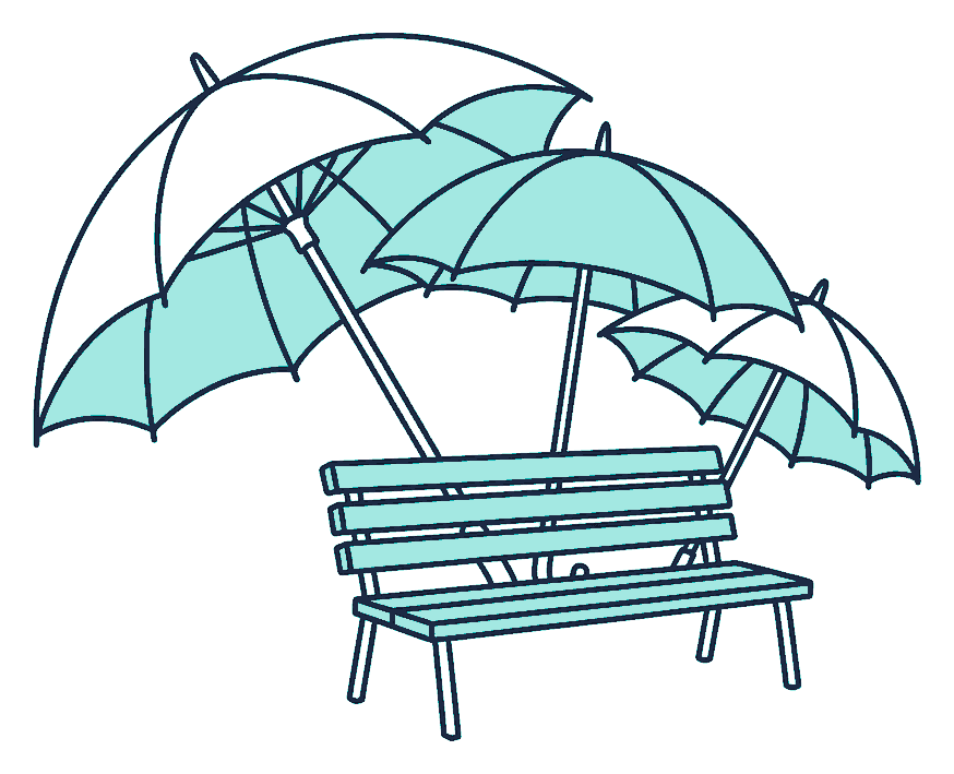 Three umbrellas of different sizes are opened and overlapped above a garden bench, covering it completely
