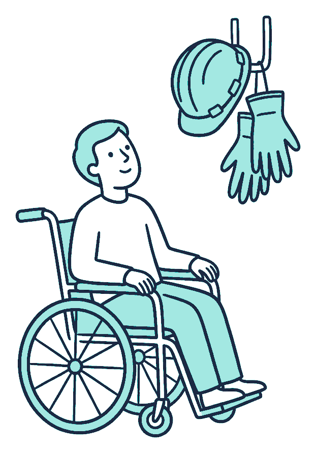 A person in a wheelchair looks up at a hard hat and work gloves hanging unused on a garage peg