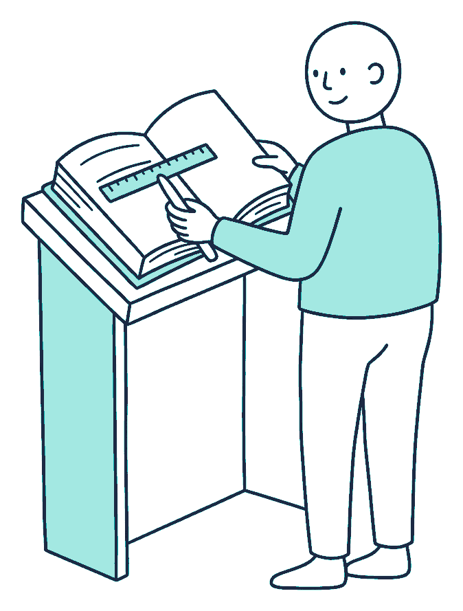 A person stands at a lectern holding a thick open dictionary, one entry firmly underlined with a ruler