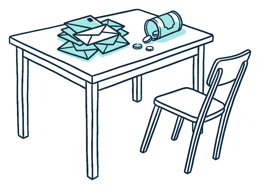 A kitchen table stacked with envelopes and a knocked-over money tin, one chair pushed back and empty