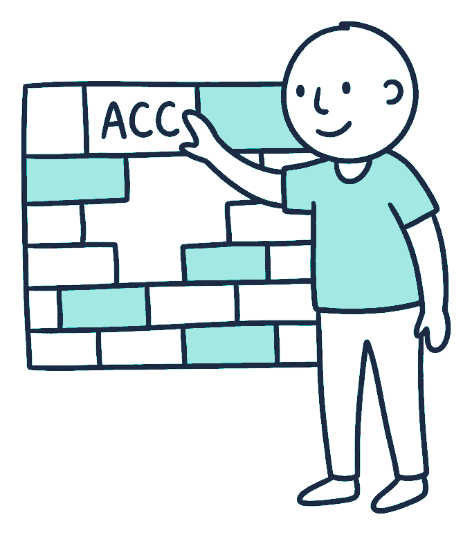 A person reaching into the gaps in a brick wall marked ACC