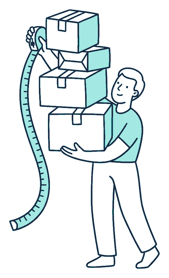A person runs a long tape measure up a tall stack of sealed boxes, steadying the top