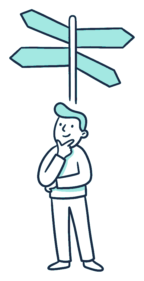 A person thinking beneath a signpost with four blank arrows pointing four ways