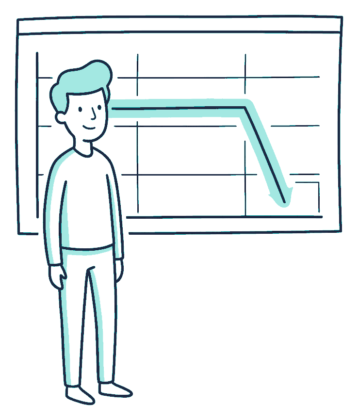 A person stands before a wall chart where a long level line suddenly drops away to nothing at its end