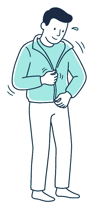 A man strains to zip a jacket whose sleeves end well above his wrists