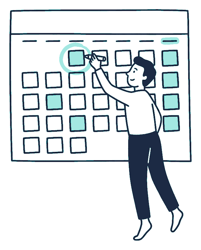 A person on tiptoe draws a circle around a date on a very large wall calendar, marker in hand