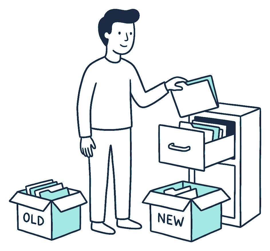 A person lifts a folder from a filing cabinet drawer into a carton, two cartons marked OLD and NEW