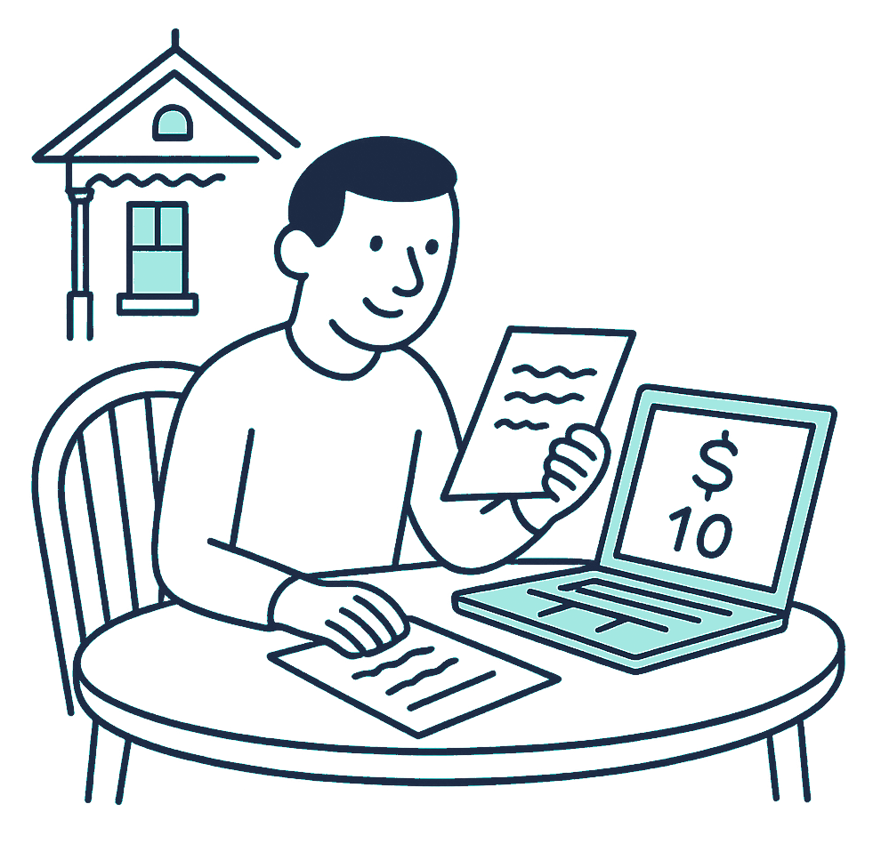 A man at a kitchen table in a New Zealand villa reads a renewal letter, comparing the new premium figure against last year's on a laptop screen beside him